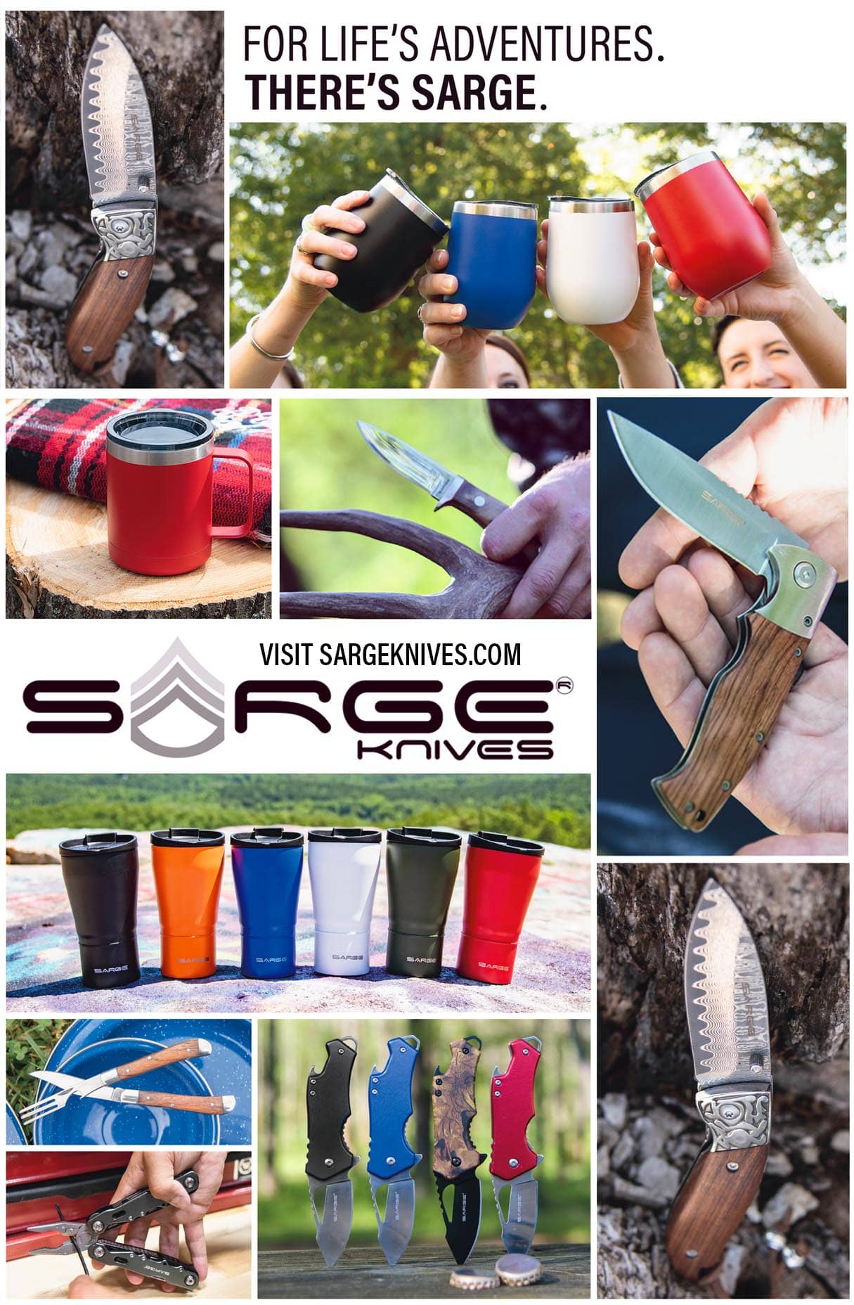 Sarge knives ad for drinkware knives and specialty gifts